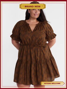 Plus Size Cotton Tiered Mini Dress Puff Sleeves Tie Waist
